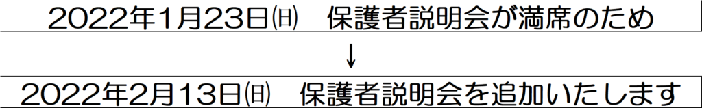 保護者説明会（　1/23㈰ 満席のため　⇒　2/13㈰追加します　）